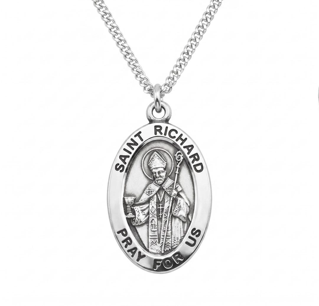 Saint Richard Oval Sterling Silver Medal on a 20 Inch Stainless Steel ...