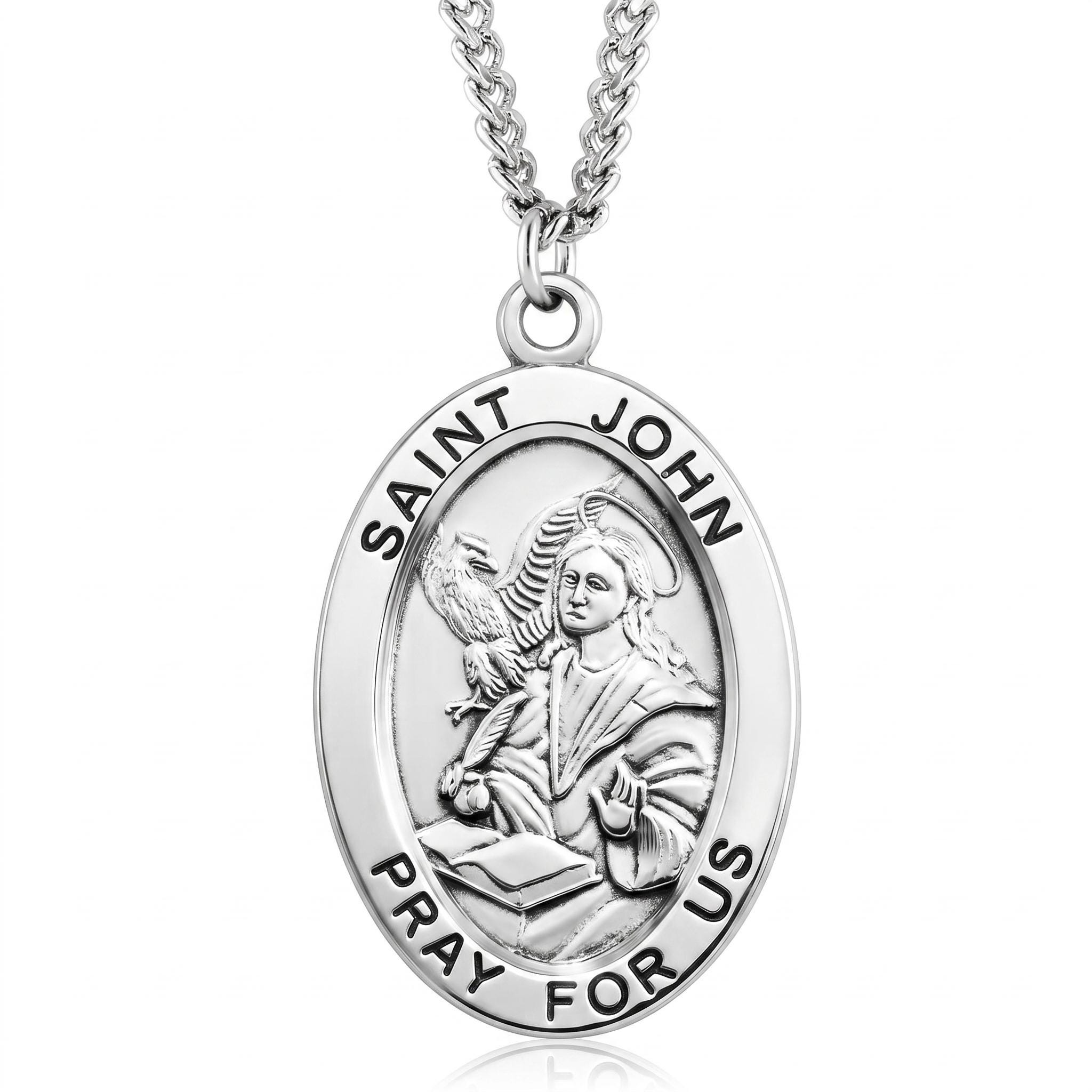 Saint John the Evangelist Large Oval Sterling Silver Medal on a 24 Inch ...