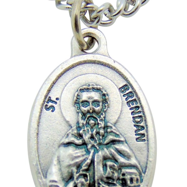 St Brendan Medal 3/4" Metal Saint Pendant w/ 24 Inch Steel Chain