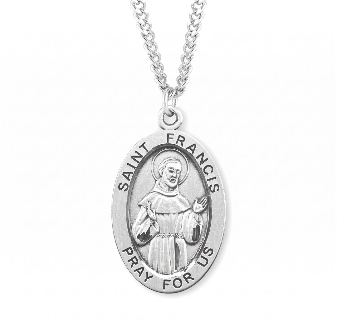 Saint Francis Extra Large Oval Sterling Silver Medal on a 24 Inch ...