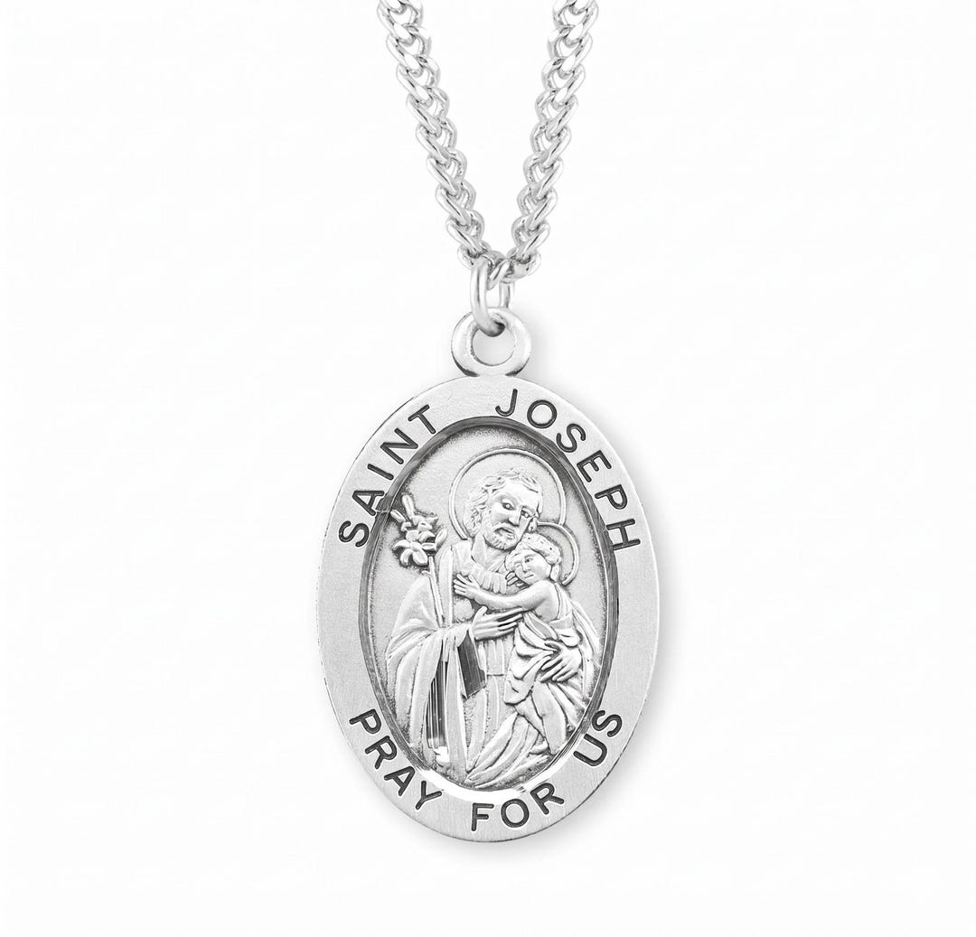 Saint Joseph Large Oval Sterling Silver Medal on a 24 Inch Endless ...