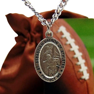 Pewter Football Medal Set for Boys with Saint Sebastian Pendant Medallion on a Stainless Steel Chain and Prayer Card Boys Gridiron Set