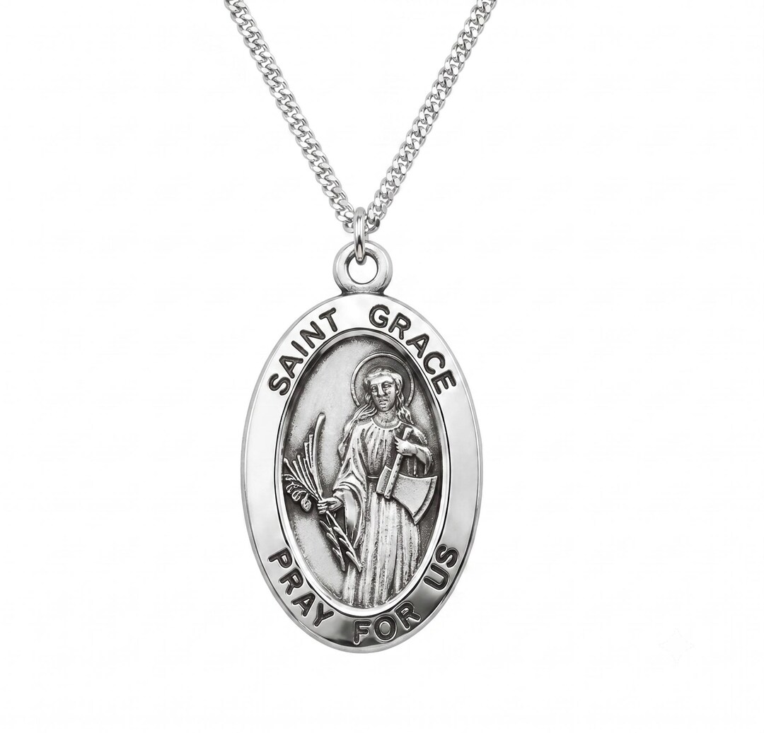 Saint Grace Oval Sterling Silver Medal on an 18 Inch Stainless Steel ...