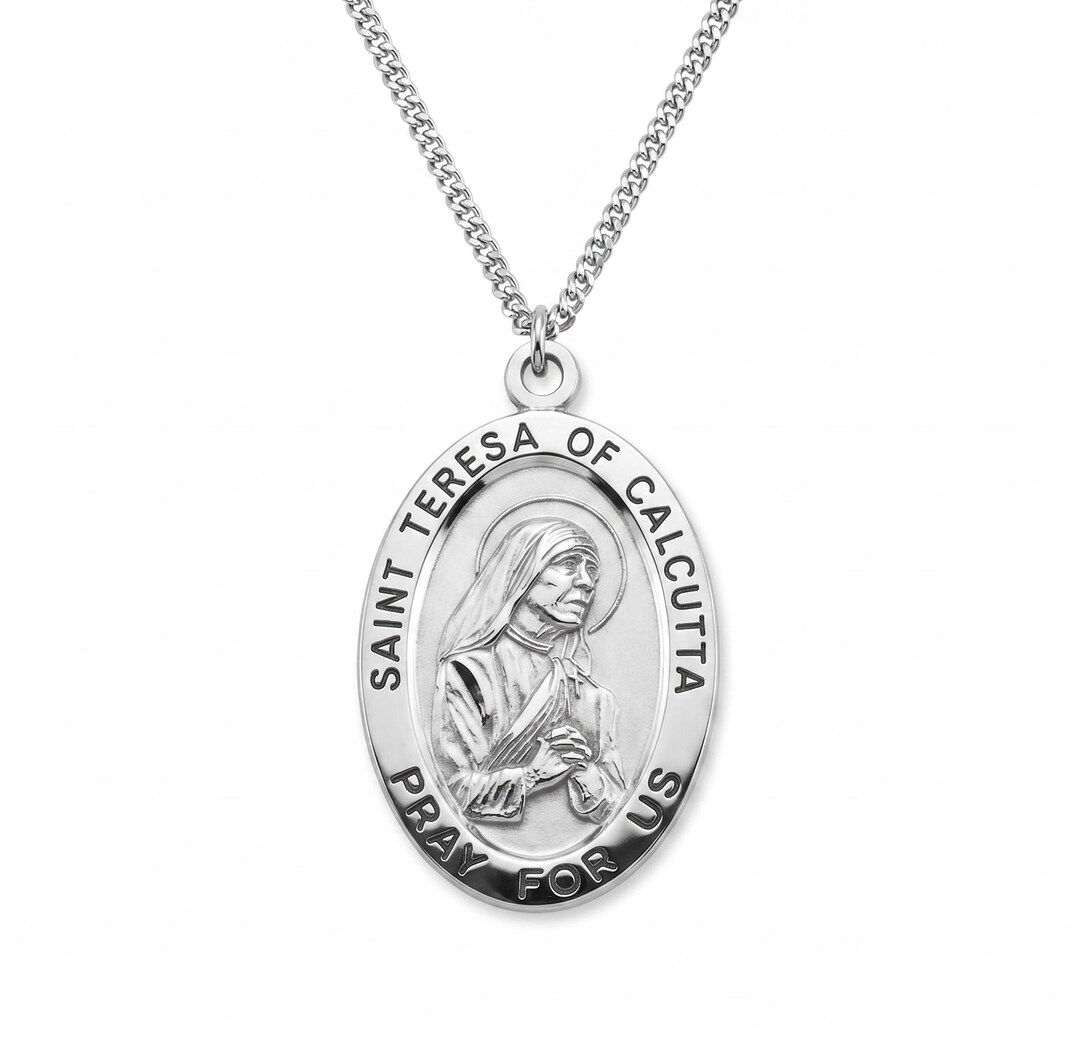 Saint Teresa of Calcutta Large Oval Sterling Silver Medal on a 24 Inch ...
