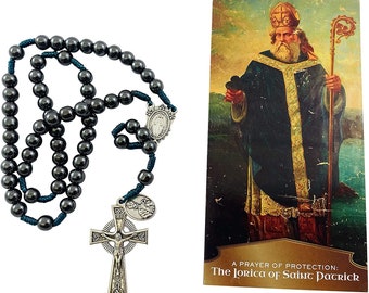 Westmon Works Saint Patrick Irish Rosary Set with Hematite Metal Beads and Holy Prayer Pamphlet