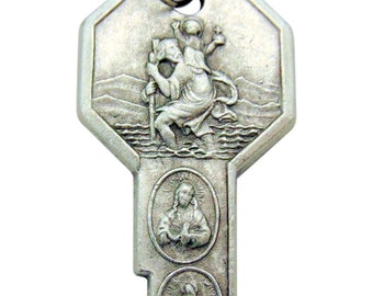 St Christopher  & St Anthony Key Metal Pendant 2" Long with Stainless Steel Chain