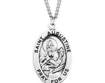 Saint Augustine Oval Sterling Silver Medal on a 20 Inch Stainless Steel Chain Handmade in the USA Saint Medallion in a Velvet Gift Box