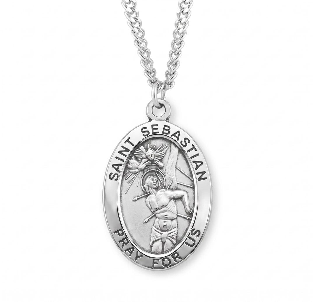 Saint Sebastian Large Oval Sterling Silver Medal on a 24 Inch Endless ...