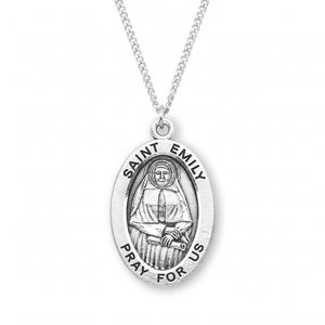 Saint Emily Oval Sterling Silver Medal on an 18 Inch Stainless Steel Chain Handmade in the USA Saint Medallion in a Velvet Gift Box