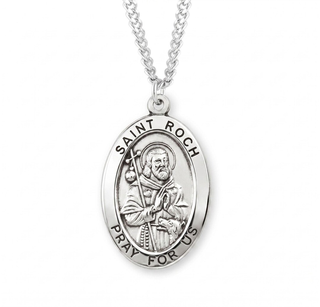 Saint Roch Oval Sterling Silver Medal on a 24 Inch Endless Stainless ...