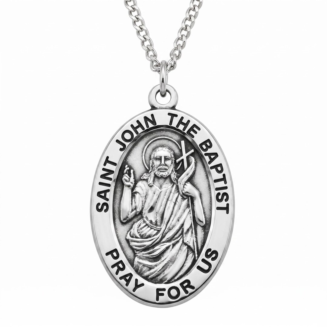Saint John the Baptist Large Oval Sterling Silver Medal on a 24 Inch ...