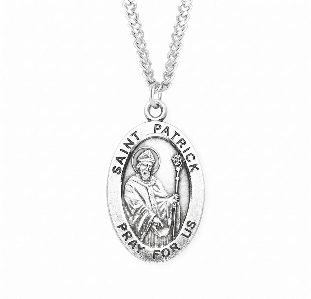 Saint Patrick Large Oval Sterling Silver Medal on a 24 Inch Endless ...