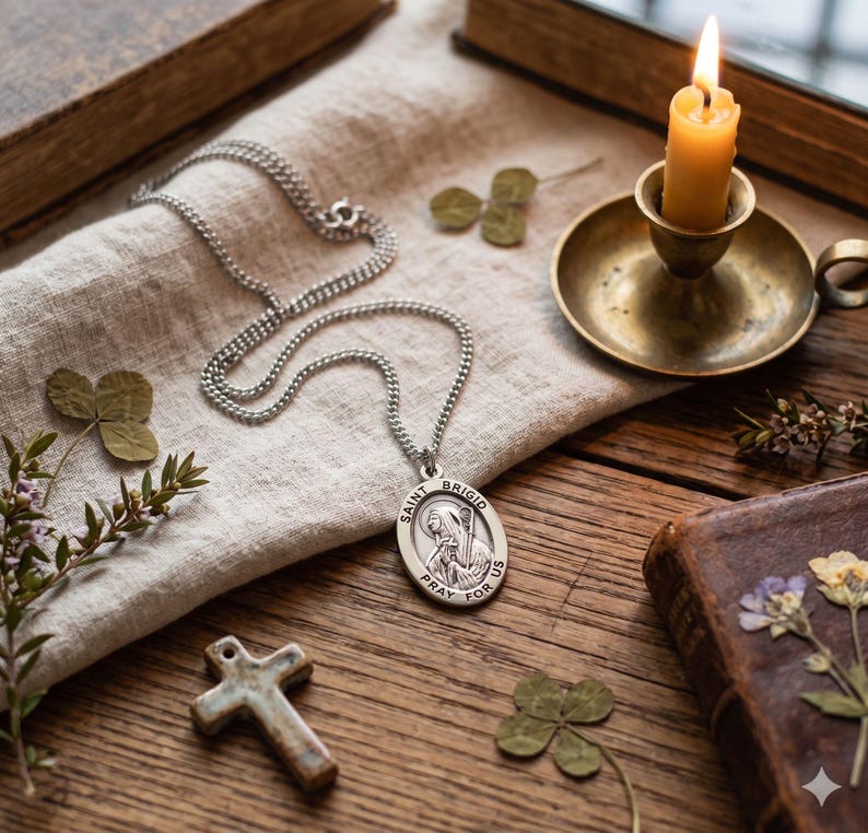 Saint Brigid Oval Sterling Silver Medal on an 18 Inch Stainless Steel ...
