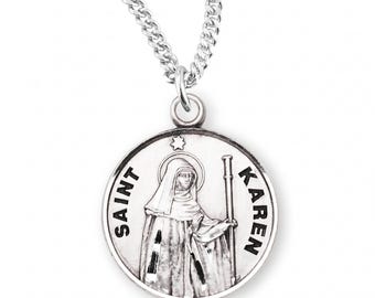 Saint Karen Round Sterling Silver Medal on an 18 Inch Stainless Steel Fine Curb Chain Handmade in the USA Saint Medallion in a Velvet Gift B