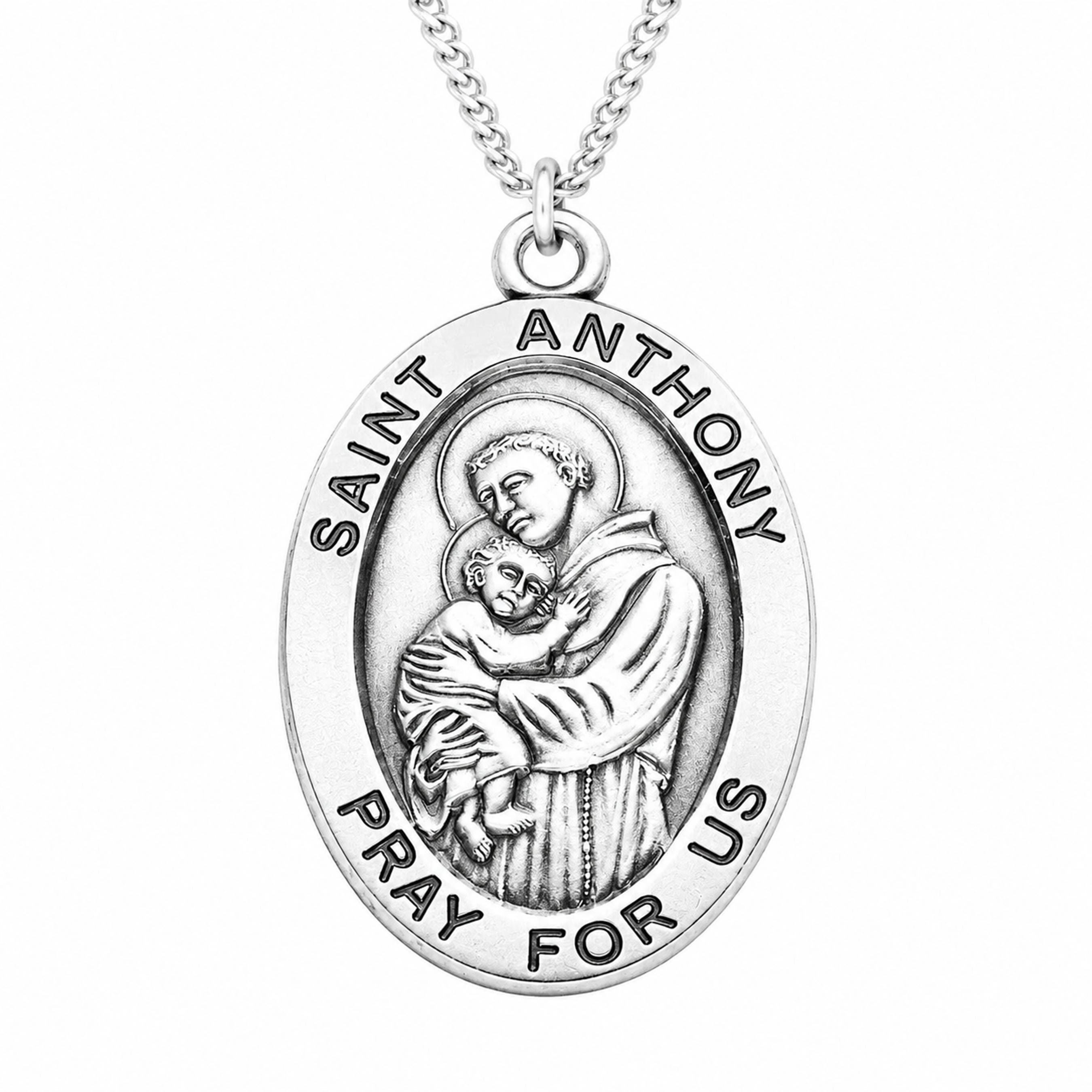 Saint Anthony Extra Large Oval Sterling Silver Medal on a 24 Inch ...