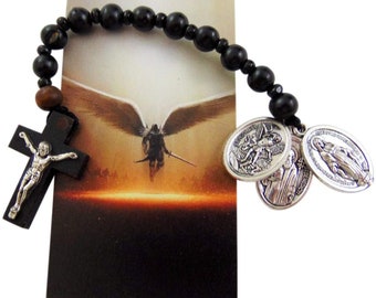 St Michael Wooden Pocket Rosary Saint Gift Set with Holy Prayer Card