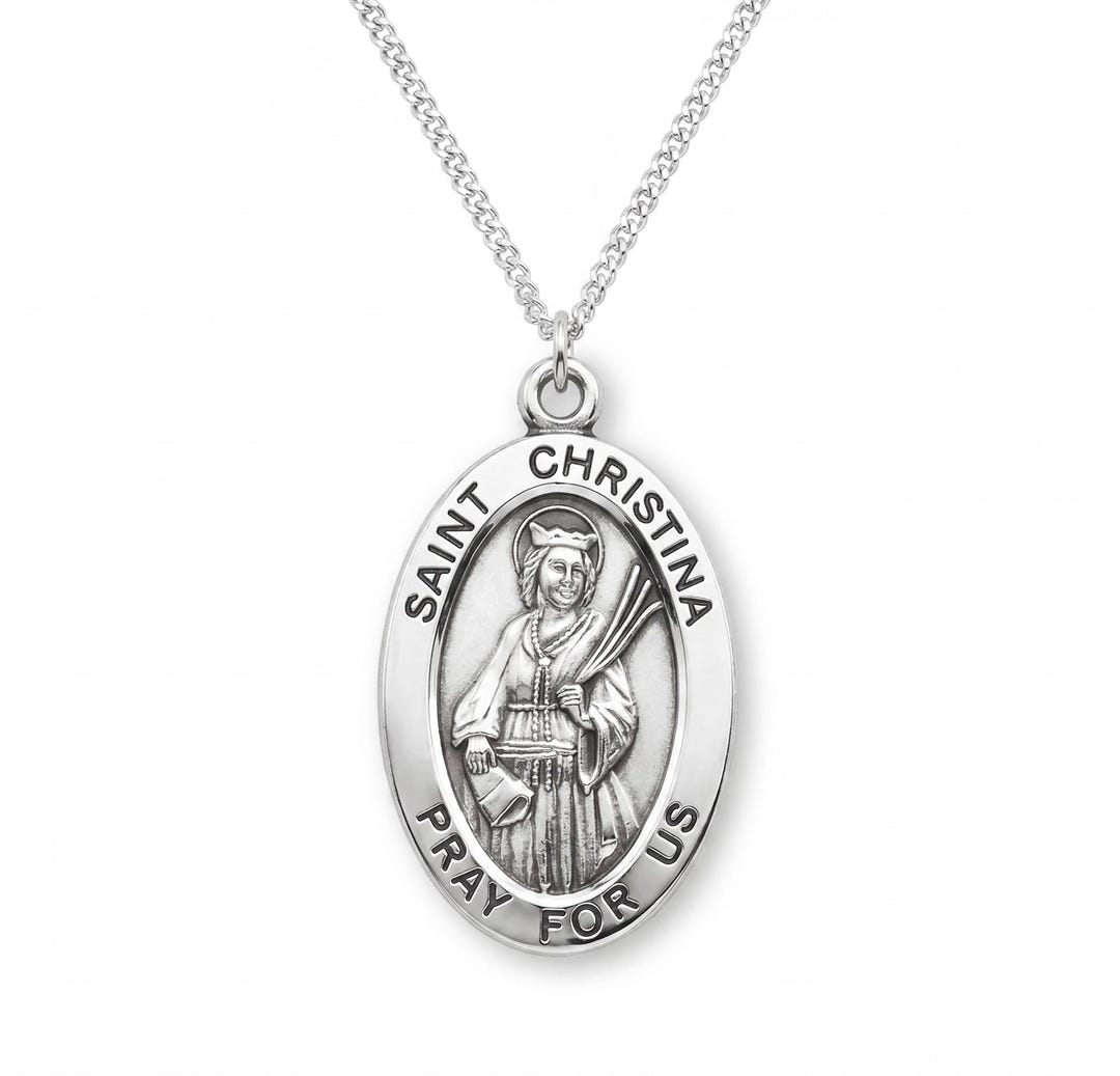 Saint Christina Oval Sterling Silver Medal on an 18 Inch Stainless ...