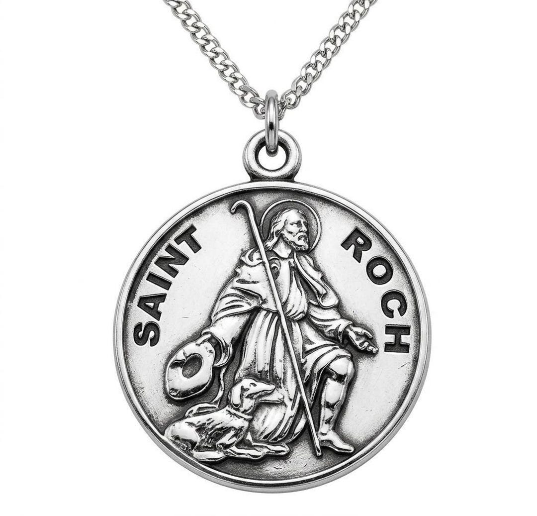 Saint Roch Round Sterling Silver Medal on a 20 Inch Stainless Steel ...