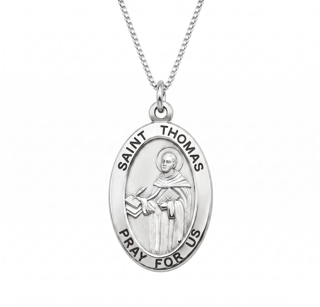 Saint Thomas Aquinas Extra Large Oval Sterling Silver Medal on a 24 ...
