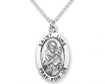 Saint Luke Oval Sterling Silver Medal on a 20 Inch Stainless Steel Curb Chain Handmade in the USA Saint Medallion in a Velvet Gift Box