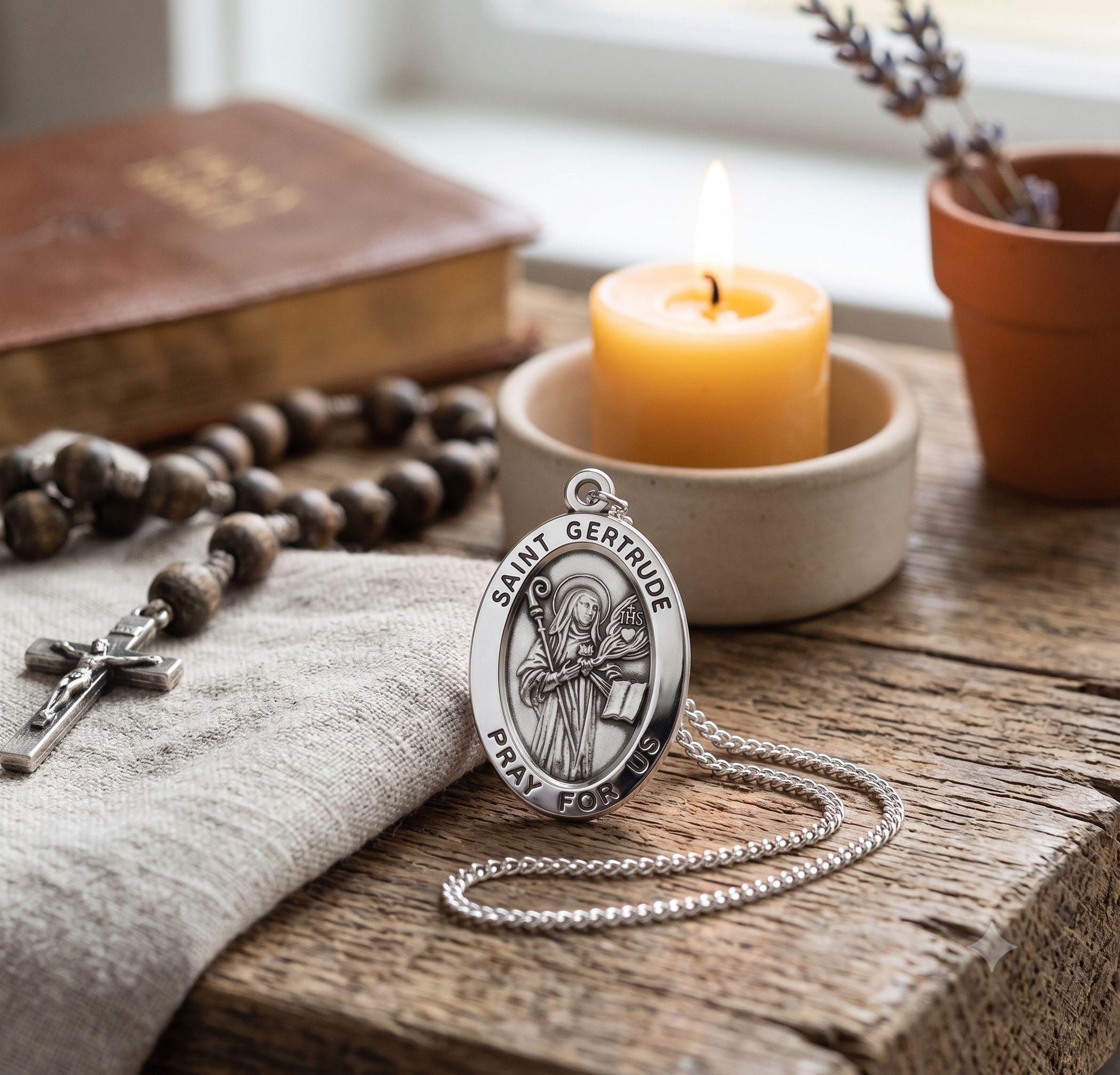 Saint Gertrude Oval Sterling Silver Medal on an 18 Inch Stainless Steel ...