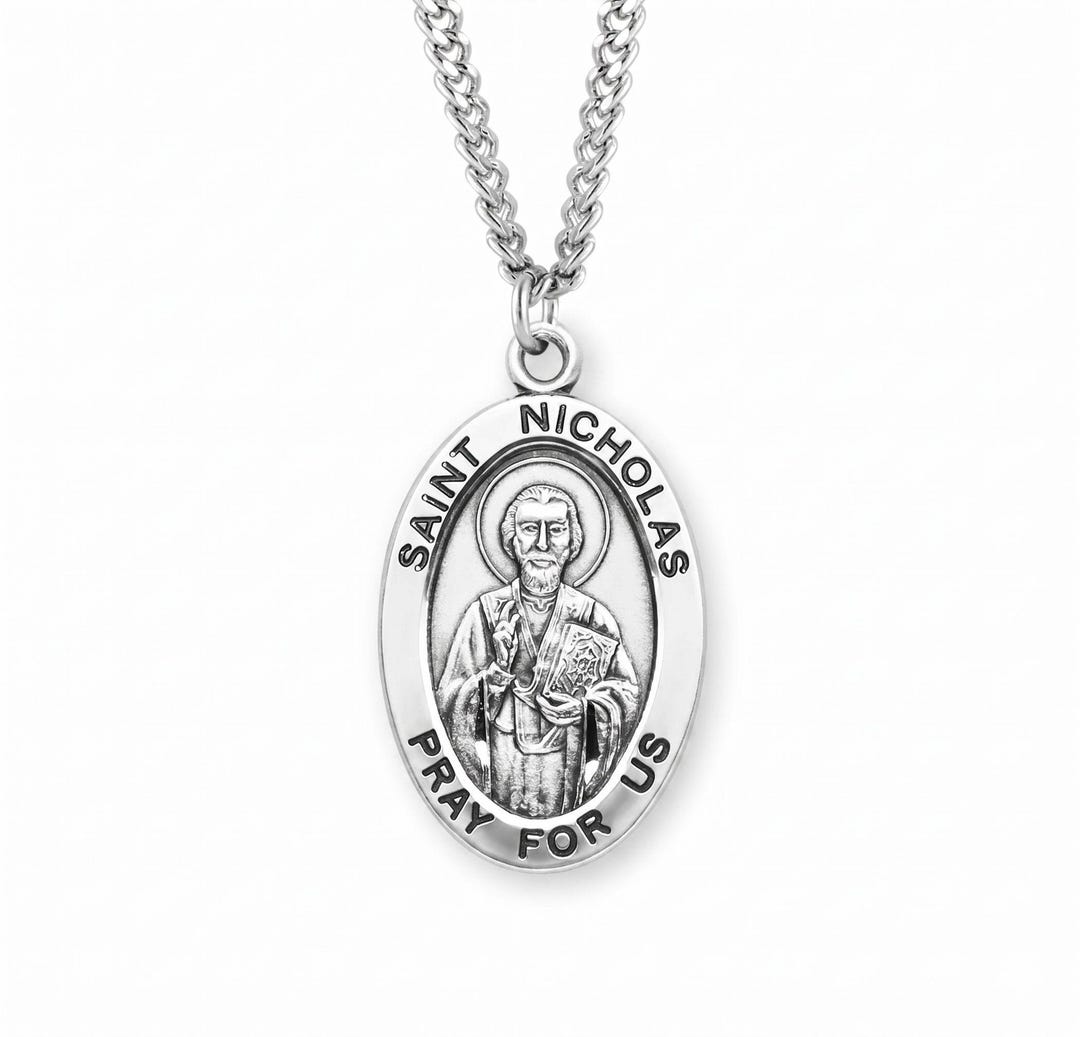 Saint Nicholas Extra Large Oval Sterling Silver Medal on a 24 Inch ...