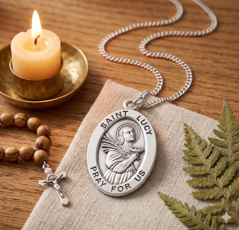 Saint Lucy Large Oval Sterling Silver Medal on a 24 Inch Endless ...