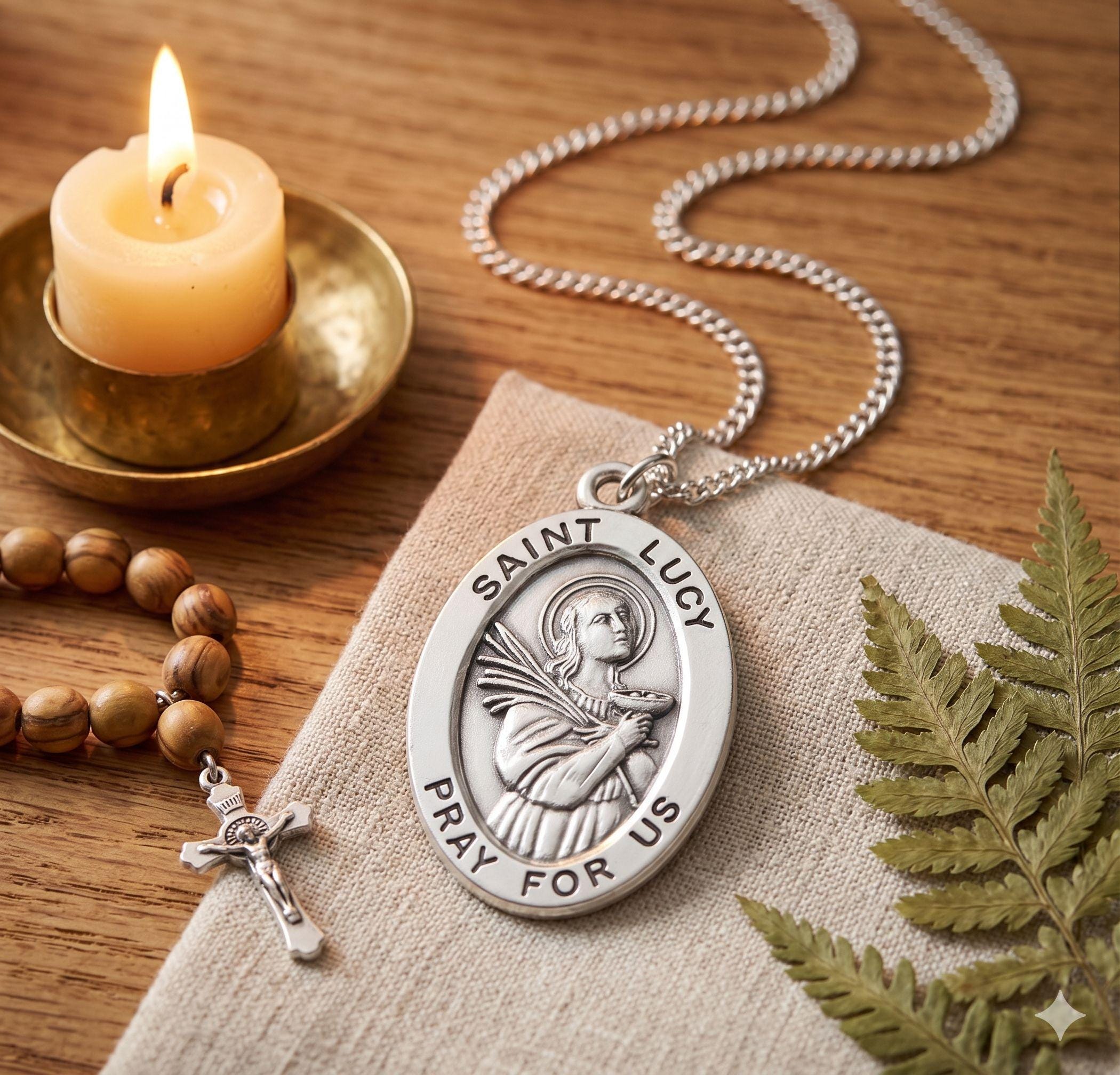 Saint Lucy Large Oval Sterling Silver Medal on a 24 Inch Endless ...