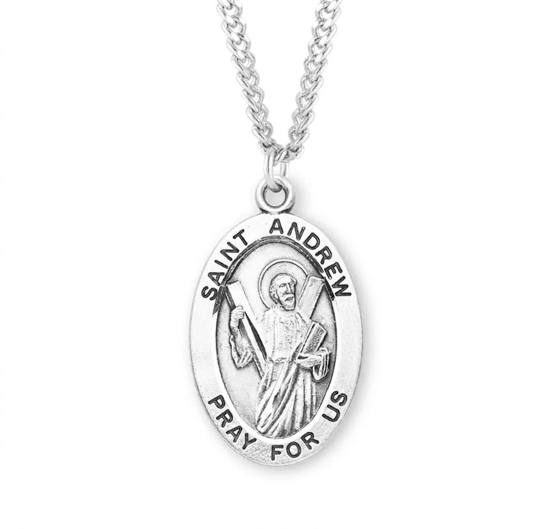 Saint Andrew Large Oval Sterling Silver Medal on a 24 Inch Endless ...