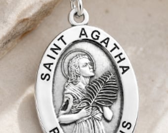 St Agatha Sterling Silver Medal on a Stainless Steel Chain Handmade in the USA Saint Medallion in a Velvet Gift Box