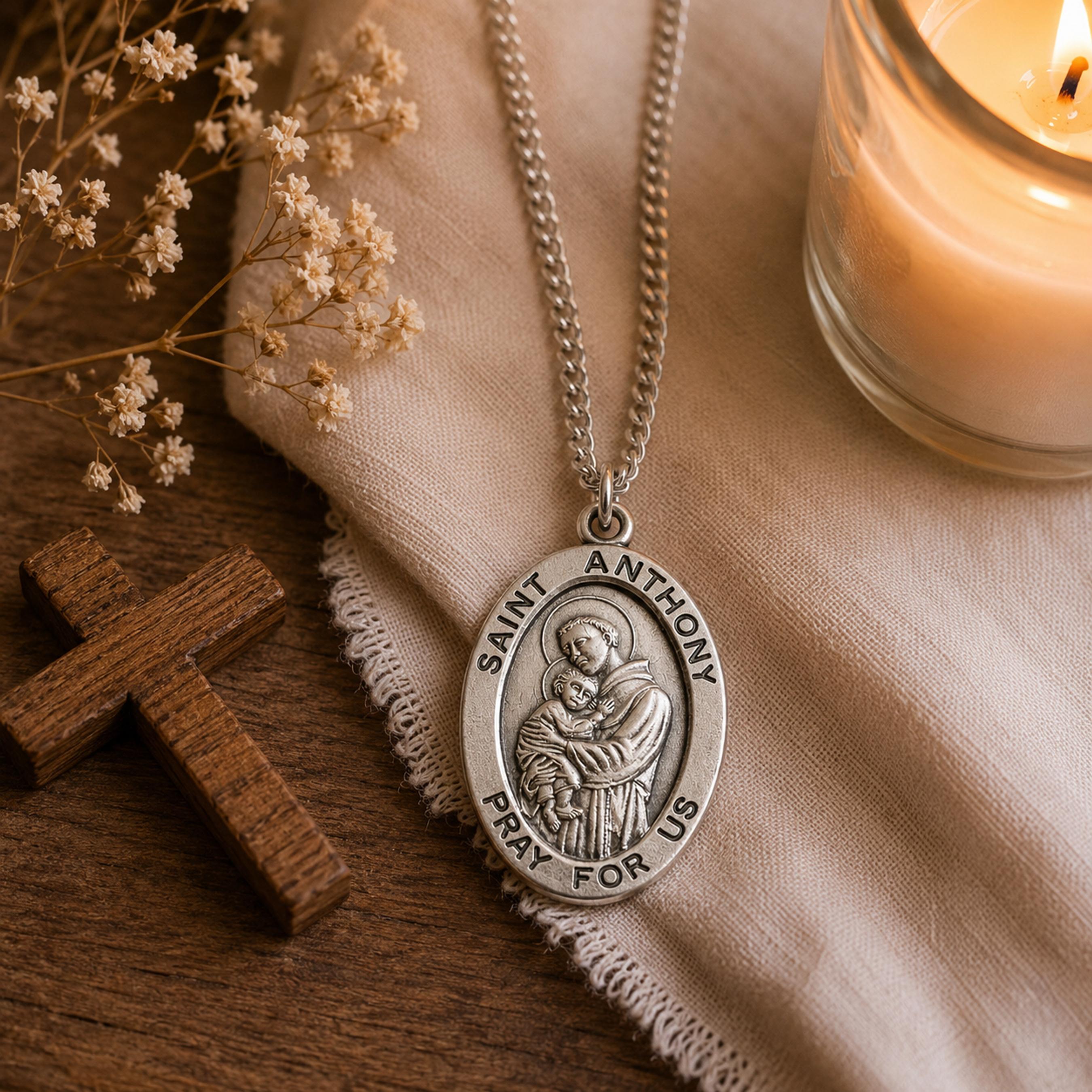 Saint Anthony Extra Large Oval Sterling Silver Medal on a 24 Inch ...