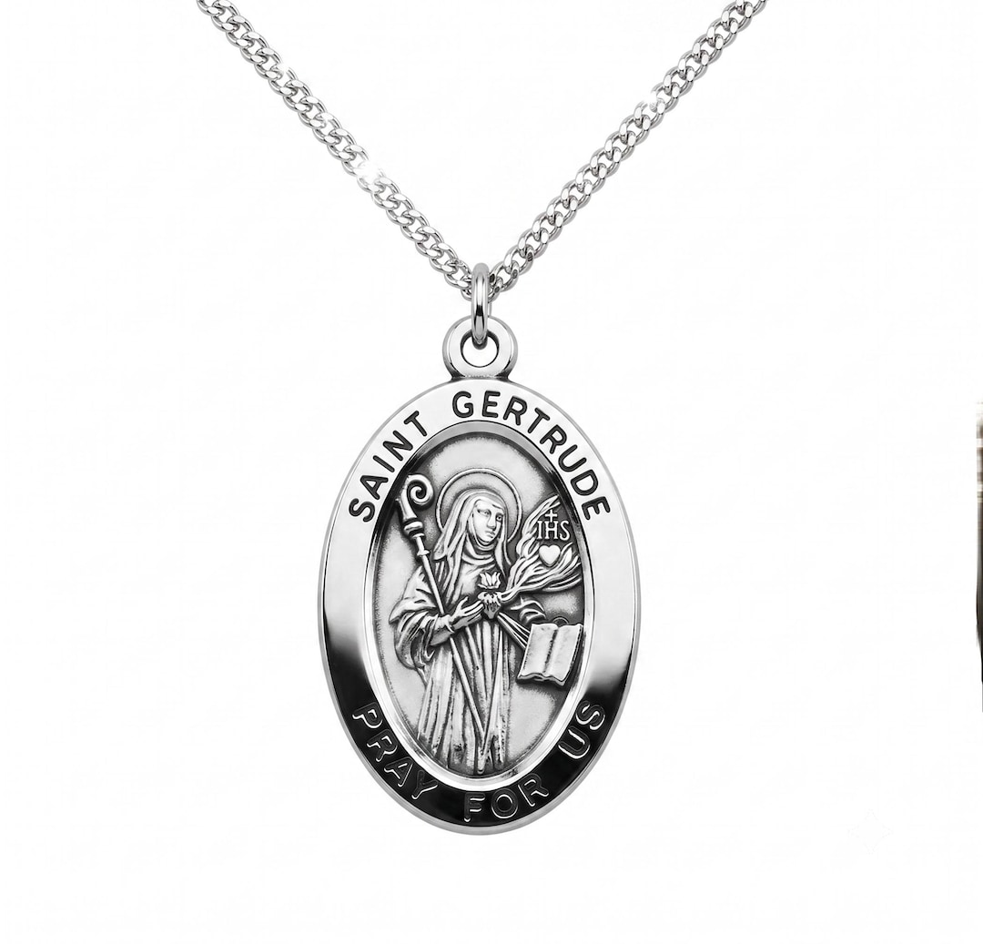 Saint Gertrude Oval Sterling Silver Medal on an 18 Inch Stainless Steel ...