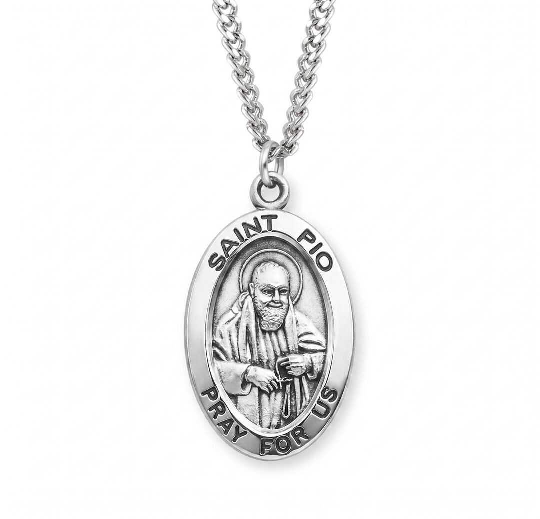 Saint Pio Large Oval Sterling Silver Medal on a 24 Inch Endless ...