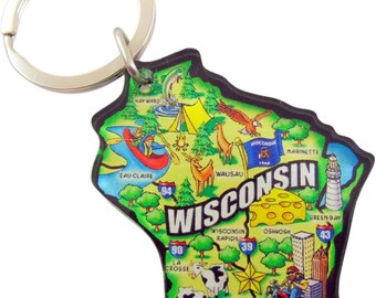 State of Wisconsin Key Chain Acrylic Souvenir Keychain Retro Style Map Gift 2 Inch