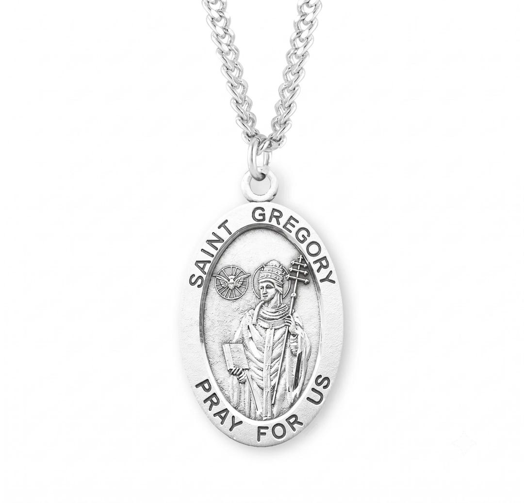Saint Gregory Large Oval Sterling Silver Medal on a 24 Inch Endless ...