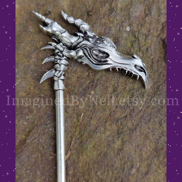 Dragon Skull Scythe, Gothic Hair Stick, Witch Hair Stick, Pagan Accessories, Dragon Accessory, Dragon Hair Stick, Dragon Gift, Witch Gift,