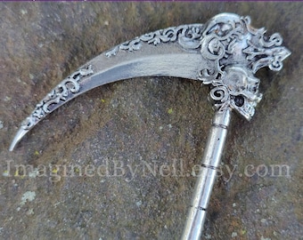 Scythe Hair Stick, Death Scythe, Grim Reaper, Witch Jewelry, Gothic Accessories, Pagan Jewelry, Witchy Accessory, Gift For Him, Gift For Her