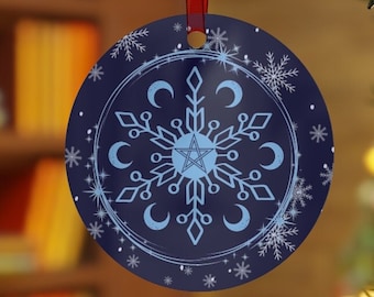 Witchy Yule Tree Ornament, Snowflake, Pagan Winter Solstice Decor