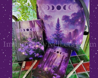 Purple Forest Gift Set, Moon Phase Tote Bag, Dream Journal, Witch Notebook