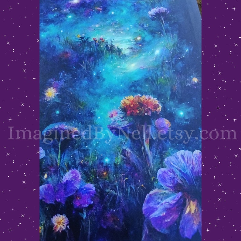 May include: A digital painting of a field of flowers at night. The flowers are purple, red, and orange. The background is a dark blue with stars and a moon.