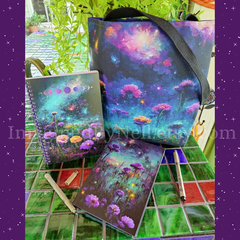 May include: A tote bag, two spiral notebooks, and a pen. The tote bag and notebooks feature a galaxy-themed design with purple, blue, and yellow flowers. The text "Imagine" is printed on one of the notebooks.