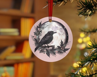Raven Yule Ornament, Snowberries and Pine Tree Decor