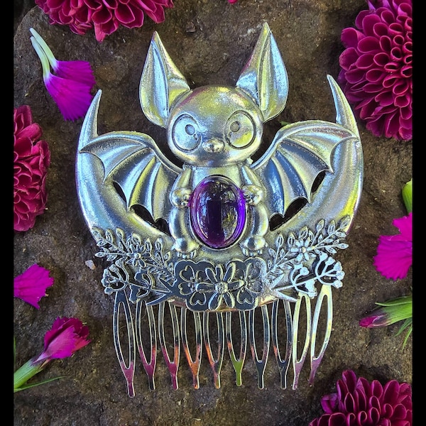 Bat Hair Comb, Crescent Moon, Lab Amethyst, Witch Accessories