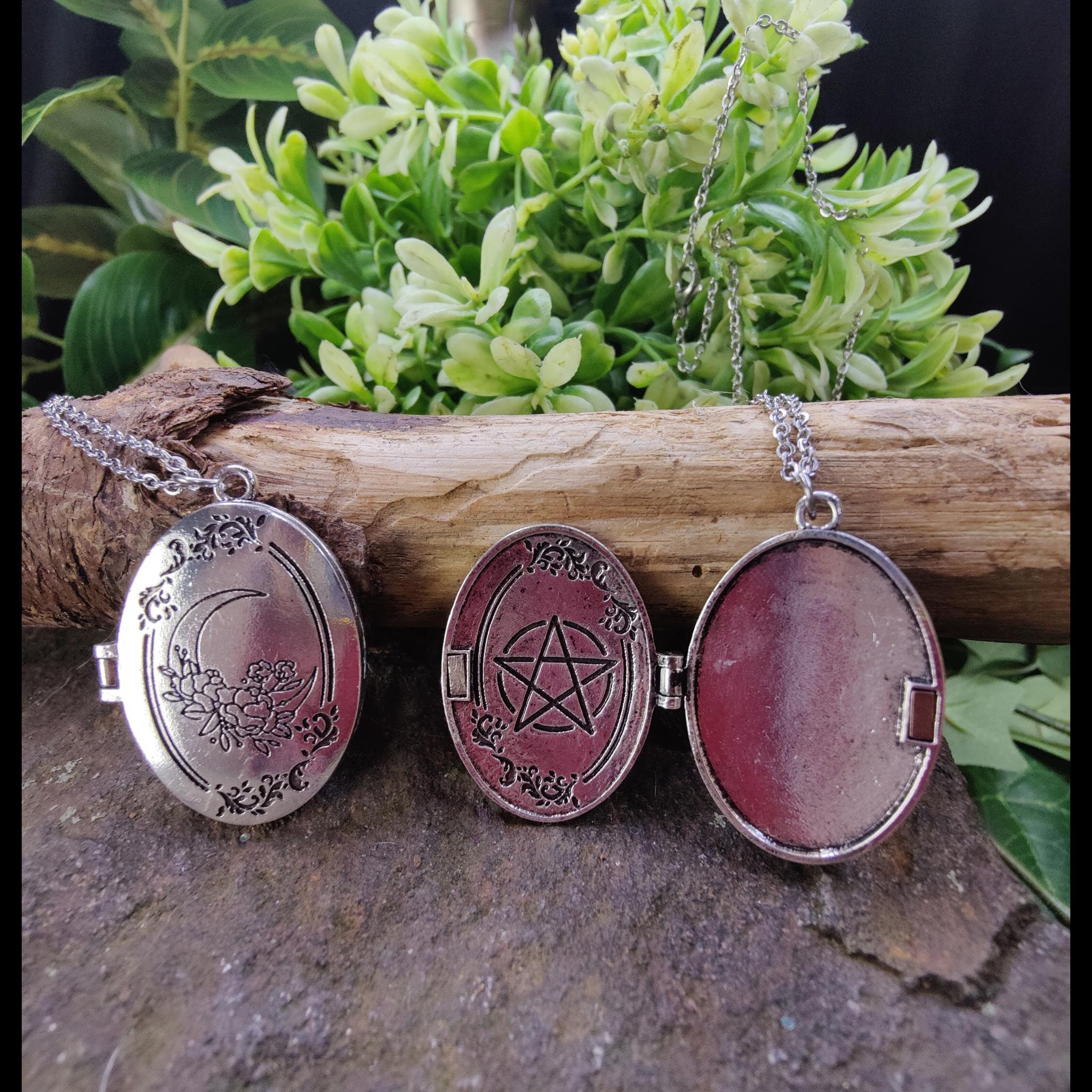 Witch Locket, Broom Closet Locket, Moon Locket, Witchy Pendant, Pentacle Pendant, Moon Necklace, Witch Gift, Vintage Style Locket