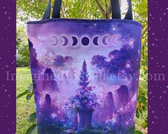 Enchanted Forest Tote Bag, Moon Phase, Witchy Purple Floral Theme