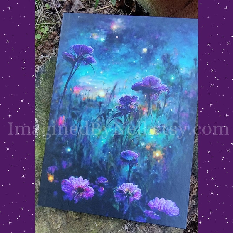 May include: A watercolor painting of a field of purple flowers with a starry night sky in the background. The flowers are painted in a realistic style, with delicate details and soft colors. The sky is a deep blue, with twinkling stars and a faint glow of light in the distance.