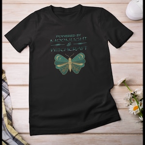 Moonlight Witchcraft T-shirt, Celestial Moth Graphic, Teal & Gold