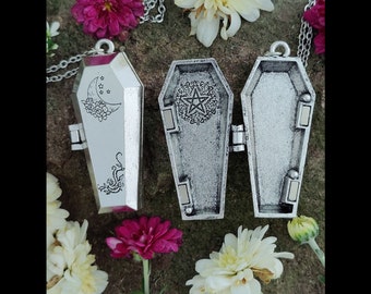 Coffin Locket, Broom Closet Locket, Coffin Pendant, Witchy Pendant, Pentacle Pendant, Moon Necklace, Witch Gift, Vintage Style Locket