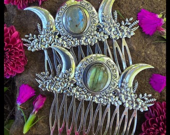 The Triple Moon Inception Hair Comb, Moon Hair Comb, Moonstone Hair Accessory, Labradorite Jewelry, Witch Hair Accessories,  Witch Gift