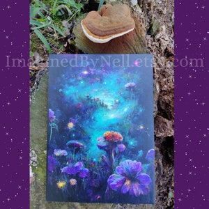 May include: A painting of a dark blue and purple forest with glowing flowers and a starry sky. The flowers are in shades of purple, red, and yellow. The sky is a deep blue with white stars.